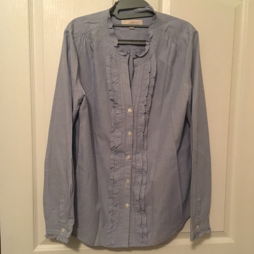 LOFT Blue Ruffle Button Down Blouse